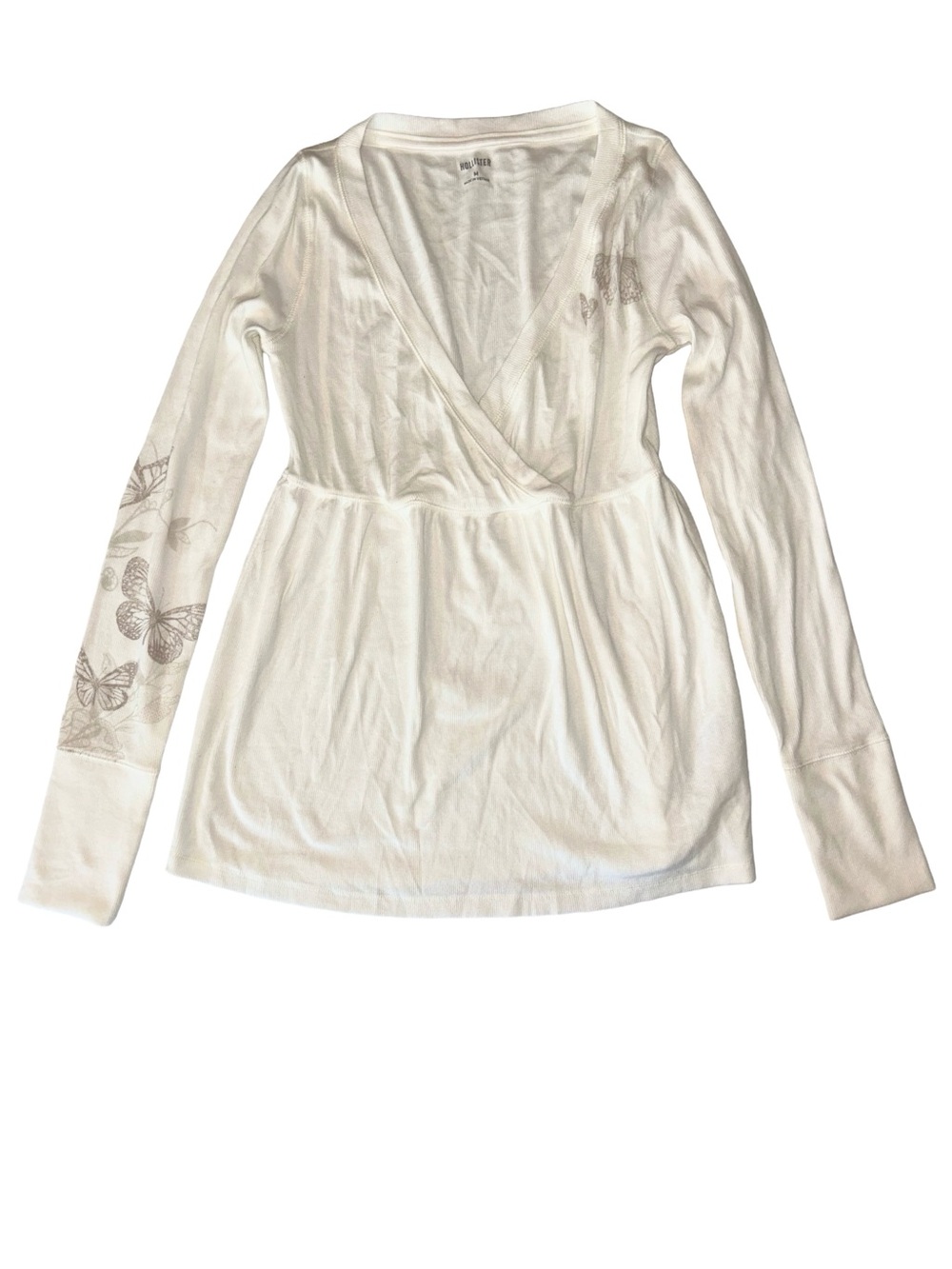 Hollister Y2K Babydoll Top Butterfly Soft Girl Ribbed V-Neck White Whimsy